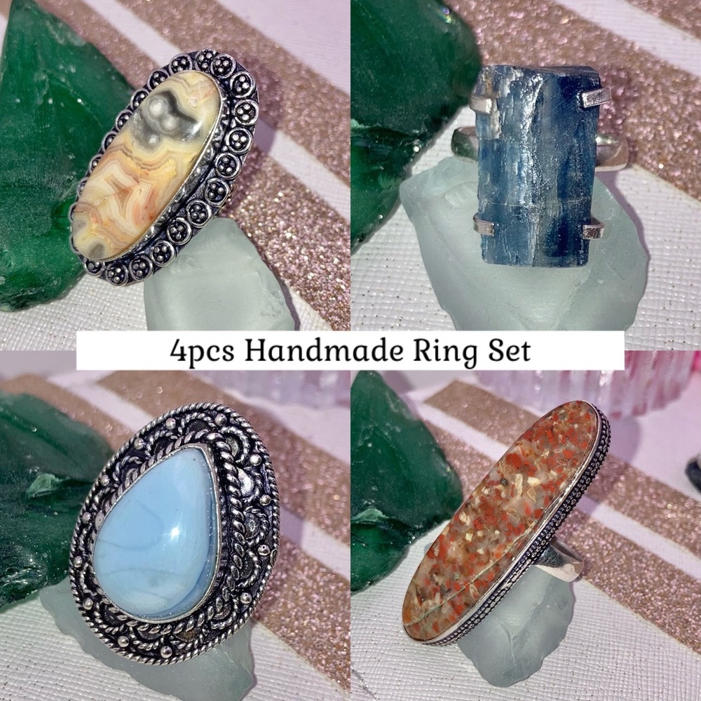 4x Handmade Ring Set Wholesale Jewelry Owyhee Red Jasper Crazy Lace Agate